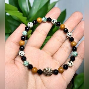 6mm Faceted Black Onyx, Wood Grain Jasper, Dalmatian Jasper Tree Agate Bracelet
